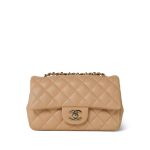 Beige Lambskin Quilted Mini Rectangular Single Flap