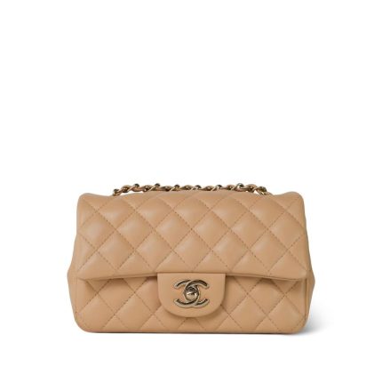 Beige Lambskin Quilted Mini Rectangular Single Flap