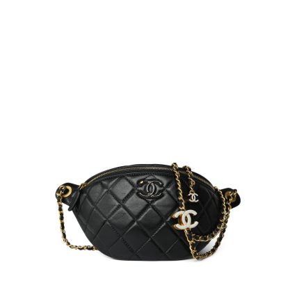 24A Black Lambskin Quilted Waist Bag/ Bumbag Enamel CC Chain Aged Gold Hardware