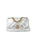 Metallic Silver Goatskin Quilted Medium/Large 19 Flap Mixed Hardware