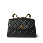 Black Lambskin Quilted Double Chain Top Handle Gold Hardware