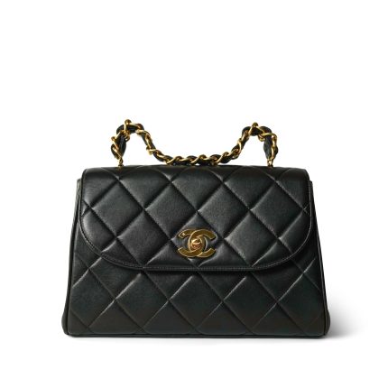 Black Lambskin Quilted Double Chain Top Handle Gold Hardware
