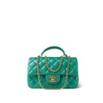 Green Lambskin Quilted Mini Top Handle Aged Gold Hardware - Image 15