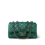 22A Iridescent Green Lambskin Quilted Mini Rectangular Single Flap Light Gold Hardware - Image 12