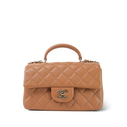 23P Light Caramel Lambskin Quilted Mini Top Handle Light Gold Hardware