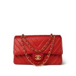 Red Chevron Lambskin Quilted Classic Flap Medium Gold Hardware - Image 8