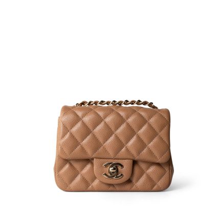 18S Beige Caviar Quilted Mini Square Flap Light Gold Hardware