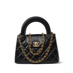 23K Black Shiny Aged Calfskin Quilted Nano Kelly Shopper Aged Gold Hardware