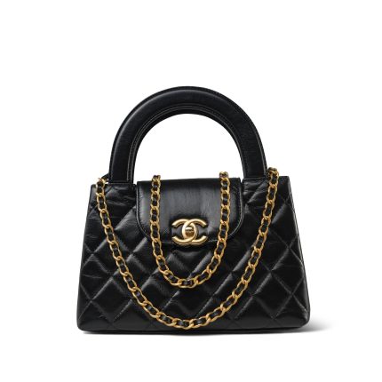 23K Black Shiny Aged Calfskin Quilted Nano Kelly Shopper Aged Gold Hardware