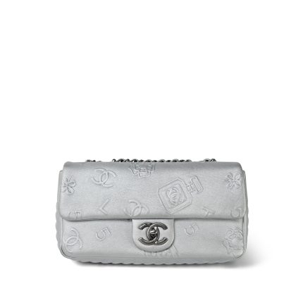 Silver Metallic Lambskin Chanel Symbol Embossed Rectangular Single Flap Ruthenium Hardware