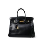 Birkin 35 Black Box Calfskin Gold Plated G Square Stamp