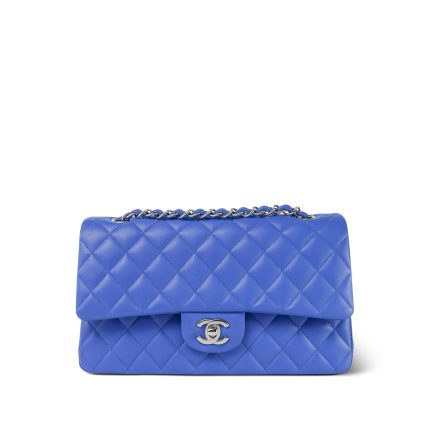 Blue Lambskin Quilted Medium Classic Flap Silver Hardware