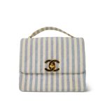 Blue White Striped Linen Quilted Medium XL Single Flap Gold Hardware
