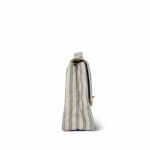 Blue White Striped Linen Quilted Medium XL Single Flap Gold Hardware - Image 5