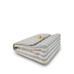 Blue White Striped Linen Quilted Medium XL Single Flap Gold Hardware - Image 9