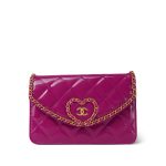 24A Fuchsia Patent Quilted Heart Chain Wallet On Chain WOC Aged Gold Hardware