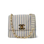 Blue White Striped Linen Quilted Medium XL Single Flap Gold Hardware - Image 13