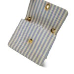 Blue White Striped Linen Quilted Medium XL Single Flap Gold Hardware - Image 14