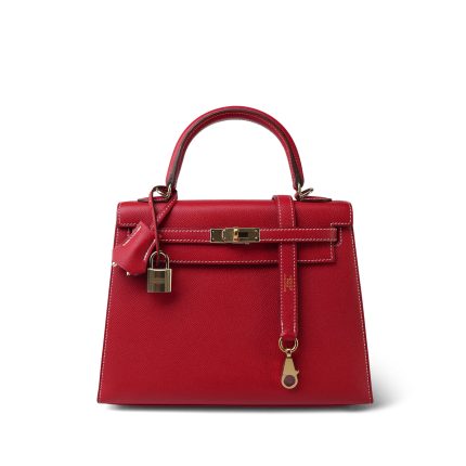 Kelly Sellier 25 Bi-Color Rouge Casaque/Bleu Thalassa Epsom White Stitching Gold Plated [P] Stamp