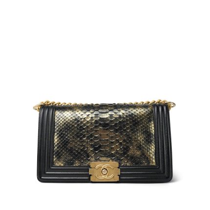 Black Gold Python Lambskin Old Medium Boy Bag Aged Gold Hardware