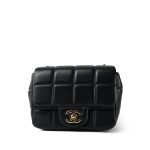 Black Lambskin Quilted Monacoco Mini Square Flap Light Gold Hardware