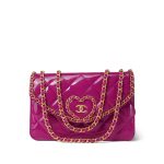 24A Fuchsia Patent Quilted Heart Chain Wallet On Chain WOC Aged Gold Hardware - Image 3