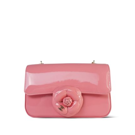 23K Pink Patent Camellia Single Flap Bag Light Gold Hardware