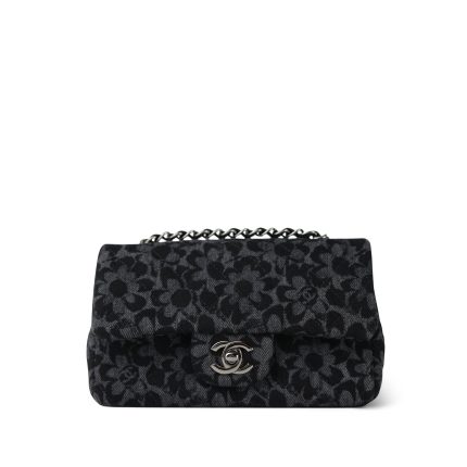Black Floral Denim Quilted Mini Rectangular Flap Silver Hardware
