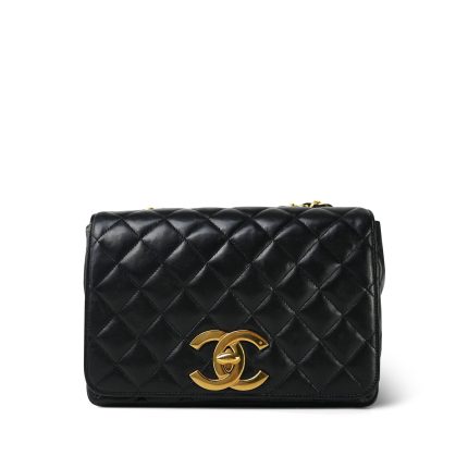 Black Lambskin Quilted Full Flap Medium CC Bag Gold Hardware