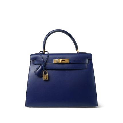 Kelly Sellier 28 Bleu Saphir Box Calfskin Gold Plated Y Circle Stamp