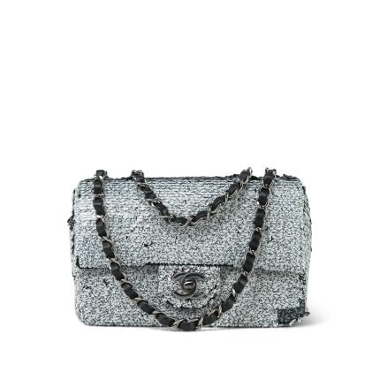 Black & White Reversible CC Logo Sequin Mini Single Flap Ruthenium Hardware