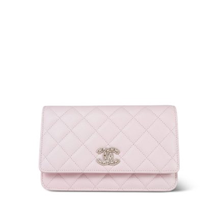22S Light Pink Caviar Quilted Crystal CC Wallet on Chain WOC LGHW