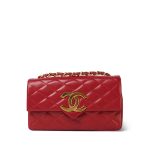 Red Lambskin Quilted Rectangular Push Lock Single Flap Gold Hardware