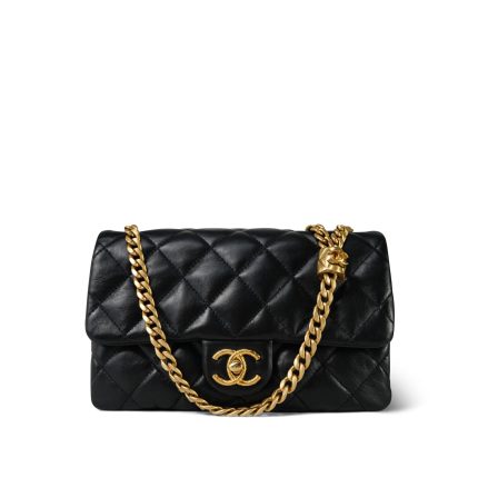Black Lambskin Quilted Pillow Crush Single Flap Aged Gold Hardware
