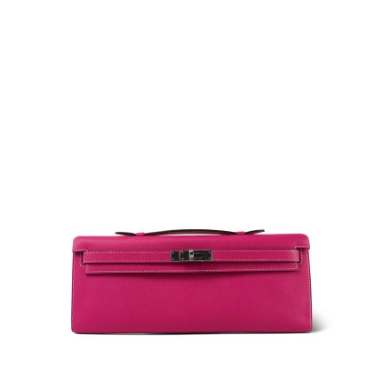 Kelly Cut Clutch Rose Tyrien Epsom Palladium Plated Q Square Stamp