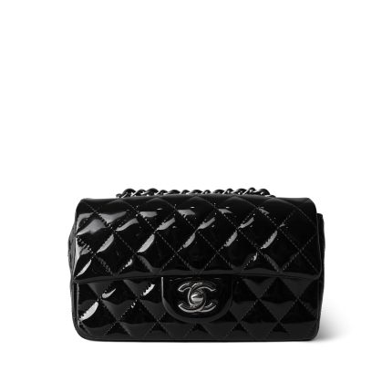 15B Black Patent Quilted Mini Rectangular Flap Silver Hardware