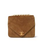 Brown Suede Chevron Quilted Square Single Flap Aged Gold Hardware