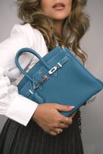 Birkin 25 Blue Jean Togo Palladium Plated B Stamp - Image 2