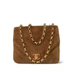 Brown Suede Chevron Quilted Square Single Flap Aged Gold Hardware - Image 3