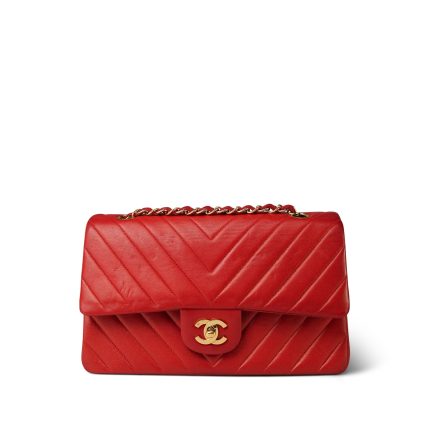 Red Chevron Lambskin Quilted Classic Flap Medium Gold Hardware