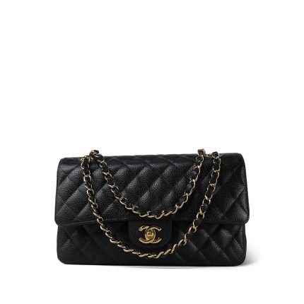 Black Caviar Quilted Double Flap Medium Gold Hardware