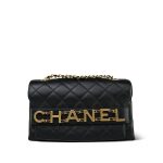 Black Calfskin Quilted Enchained Logo Single Flap Bag Aged Gold Hardware
