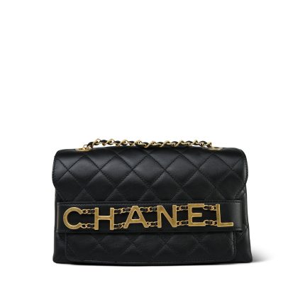 Black Calfskin Quilted Enchained Logo Single Flap Bag Aged Gold Hardware