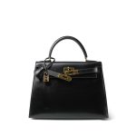 Kelly 28 Sellier Black Box Calfskin Gold Plated Y Circle Stamp - Image 6