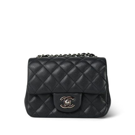 Charcoal Caviar Quilted Mini Square Flap Silver Hardware
