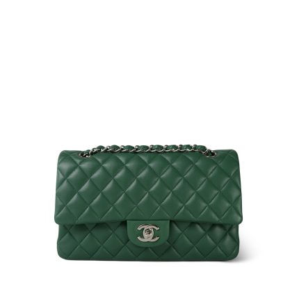 19B Dark Green Lambskin Quilted Medium Classic Flap Silver Hardware