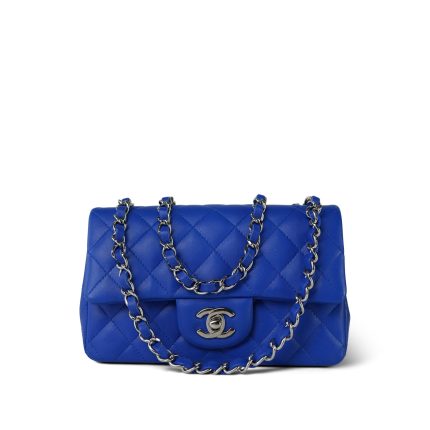 Blue Lambskin Quilted Mini Rectangular Flap Silver Hardware