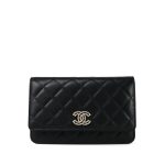 24P Black Caviar Quilted Wallet on Chain CC Logo WOC Light Gold hardware