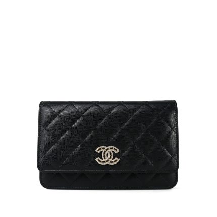 24P Black Caviar Quilted Wallet on Chain CC Logo WOC Light Gold hardware