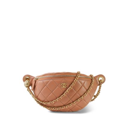 24K Caramel Lambskin Quilted Pearl Crush Waist Bag Aged Gold Hardware
